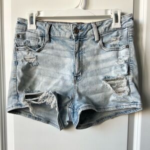 American Eagle Outfitters Light Blue Distressed Jean Shorts: Next Level Stretch